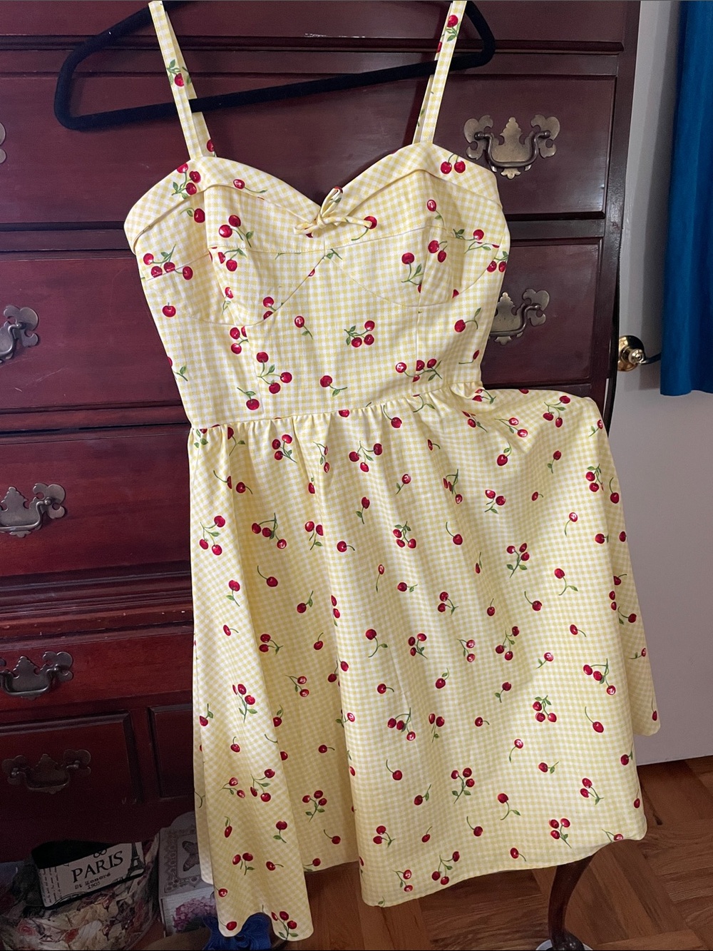 Stop Staring Yellow Gingham Midi Dress with Red Cherry Print